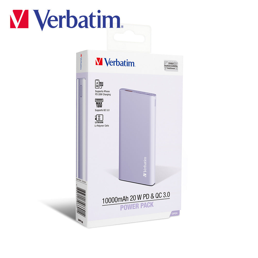 Verbatim 10000mAh 20W PD & QC 3.0 流動充電池(#66689/#66691)