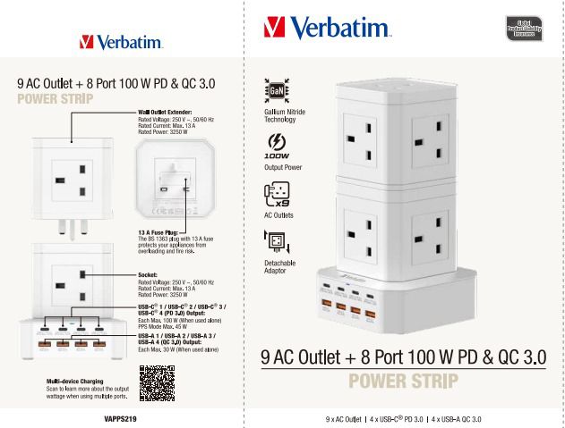 Verbatim Power Strip 9 Sockets 100W 8 Ports UK Type Vertical