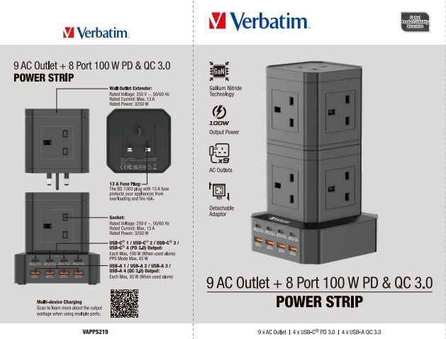 Verbatim Power Strip 9 Sockets 100W 8 Ports UK Type Vertical