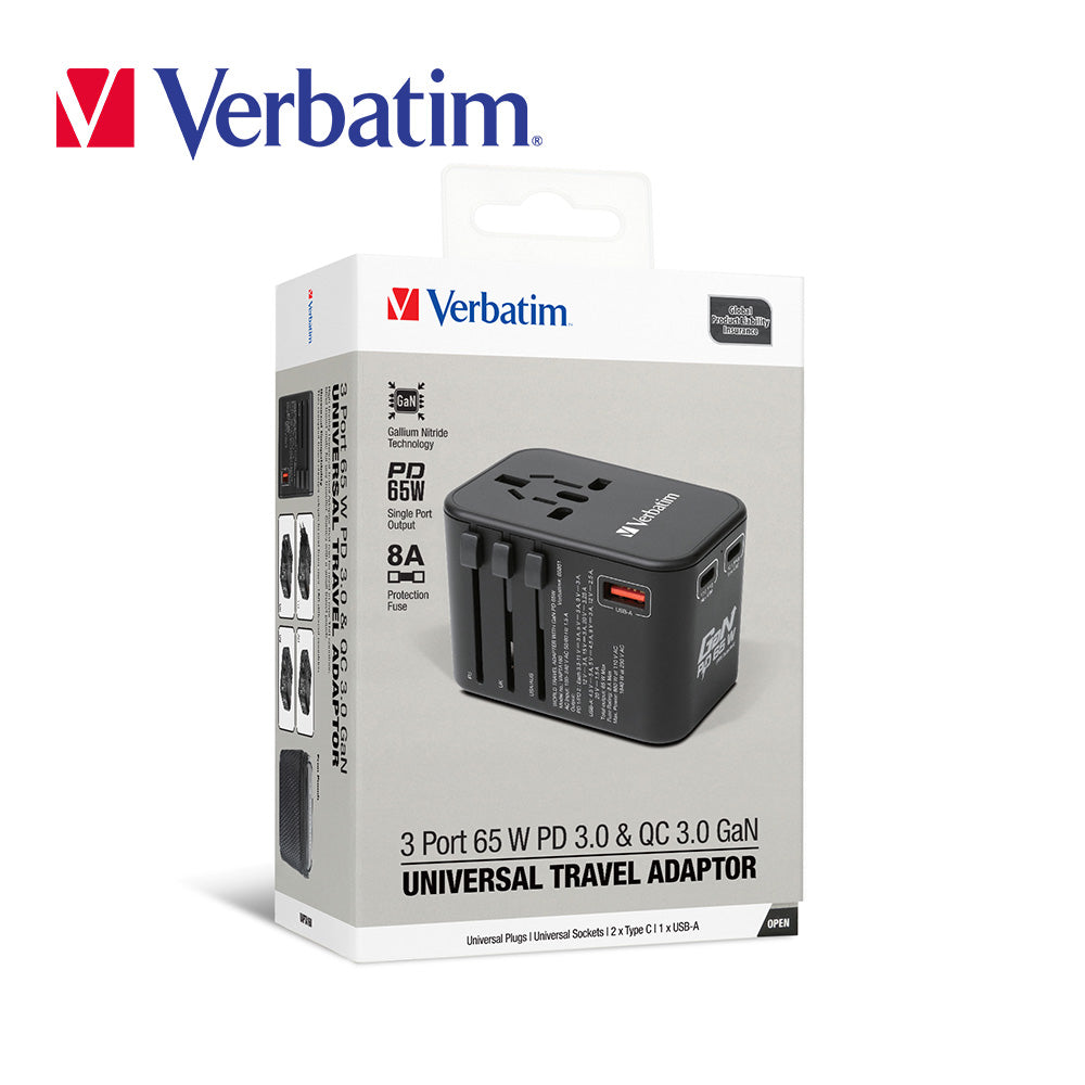 Verbatim 3 端口 65W PD 3.0 & QC 3.0 GaN 通用旅行轉插(#66851)