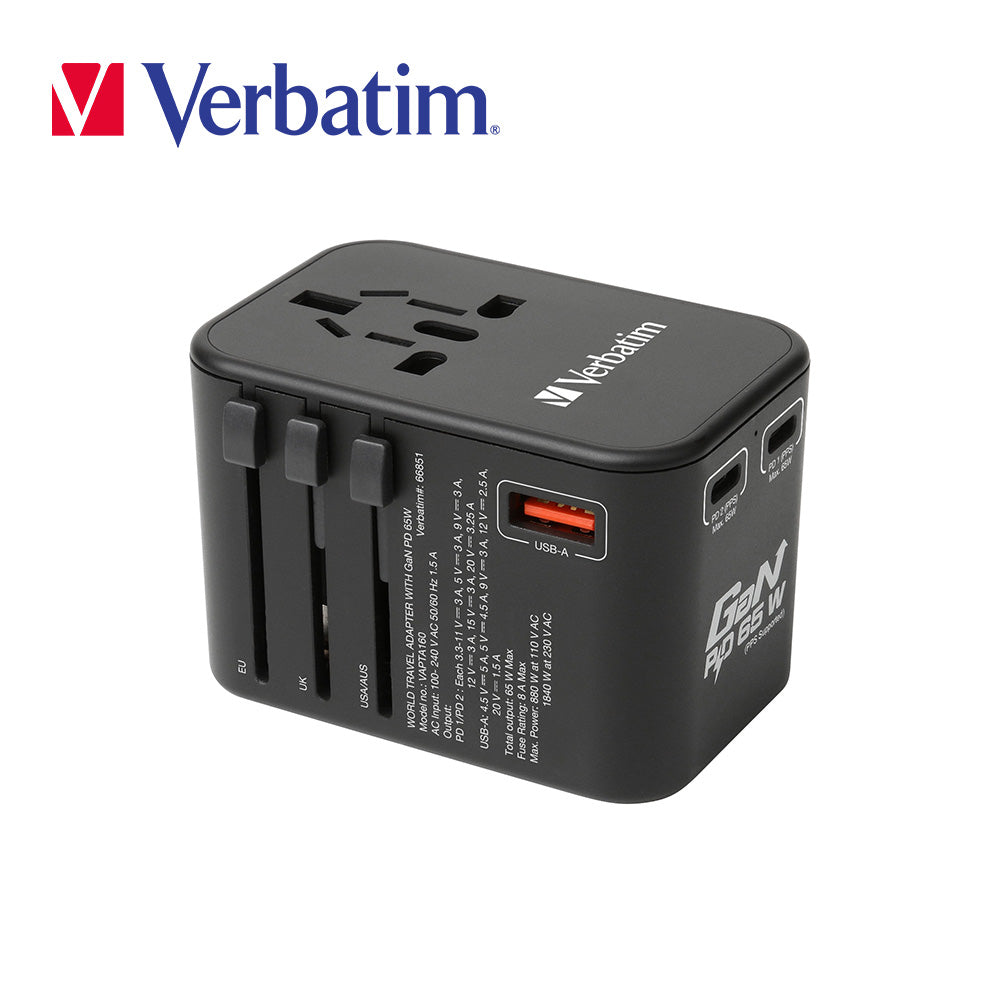 Verbatim 3 端口 65W PD 3.0 & QC 3.0 GaN 通用旅行轉插(#66851)