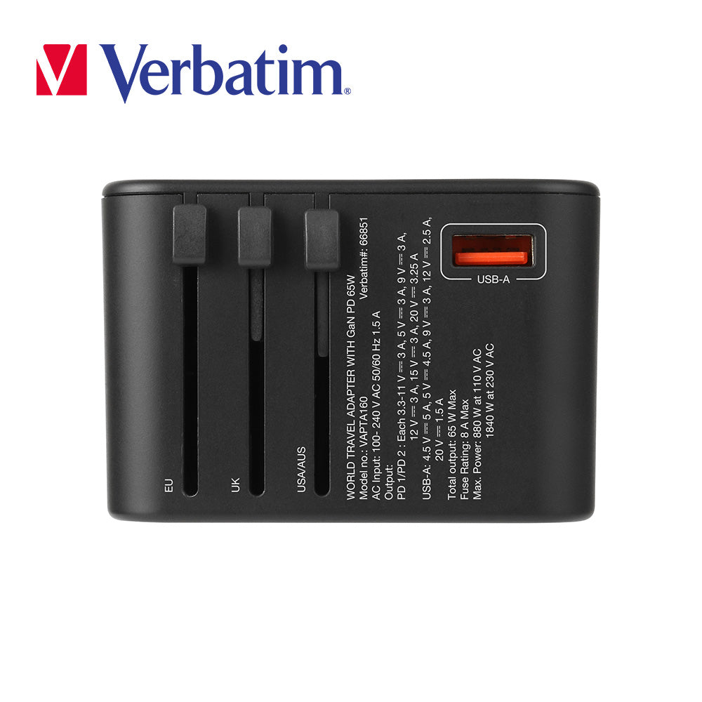 Verbatim 3 端口 65W PD 3.0 & QC 3.0 GaN 通用旅行轉插(#66851)