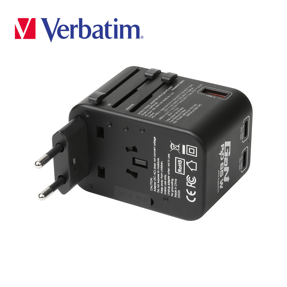 Verbatim 3 端口 65W PD 3.0 & QC 3.0 GaN 通用旅行轉插(#66851)