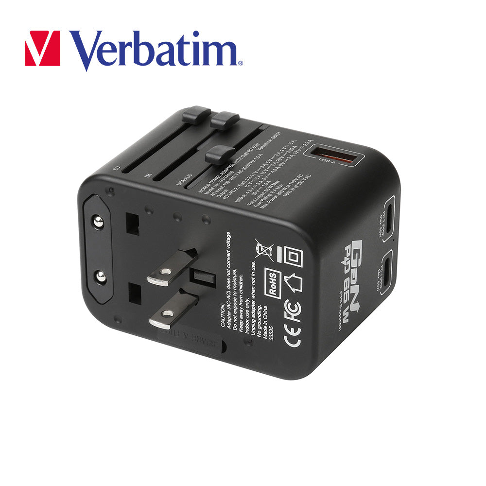 Verbatim 3 端口 65W PD 3.0 & QC 3.0 GaN 通用旅行轉插(#66851)