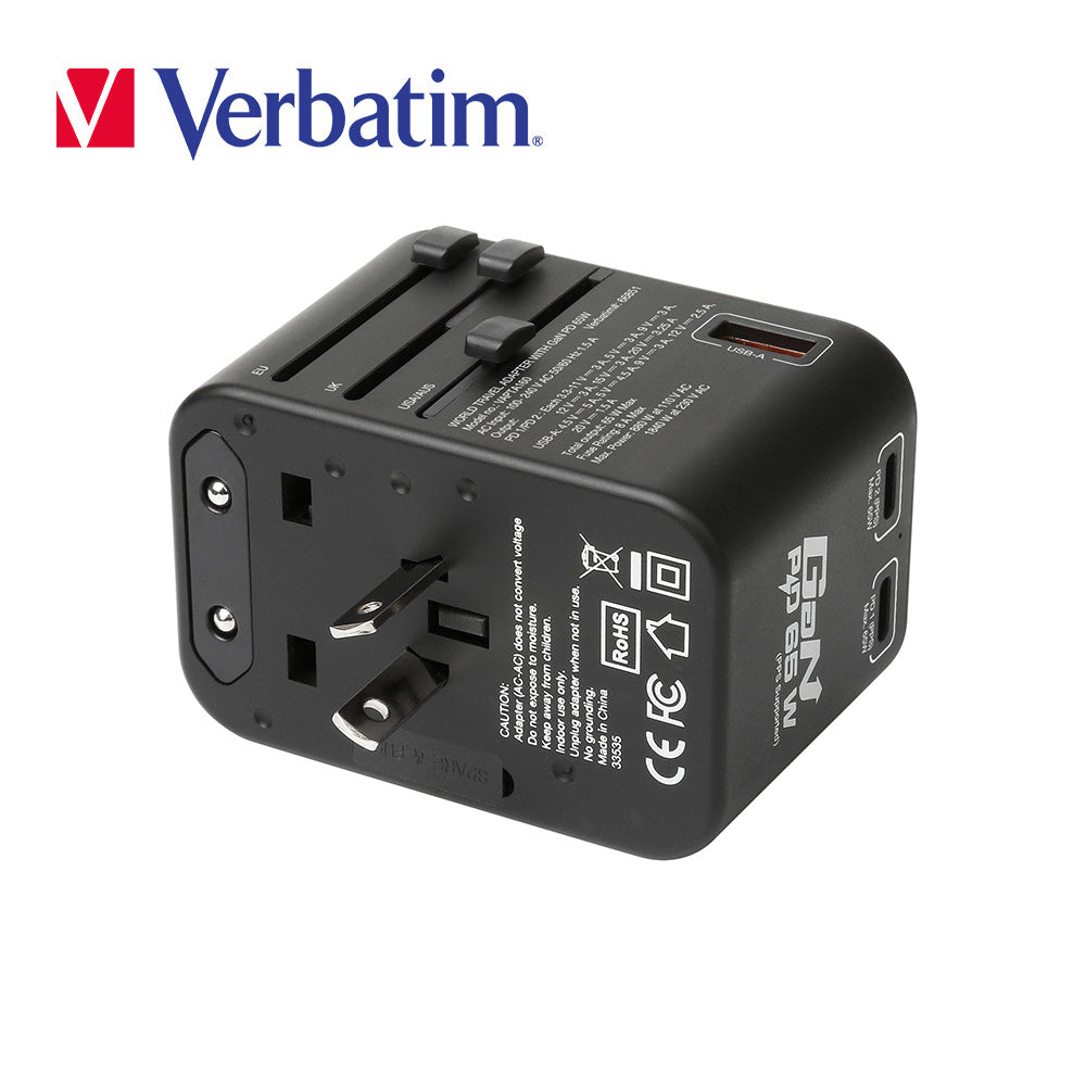 Verbatim 3 端口 65W PD 3.0 & QC 3.0 GaN 通用旅行轉插(#66851)