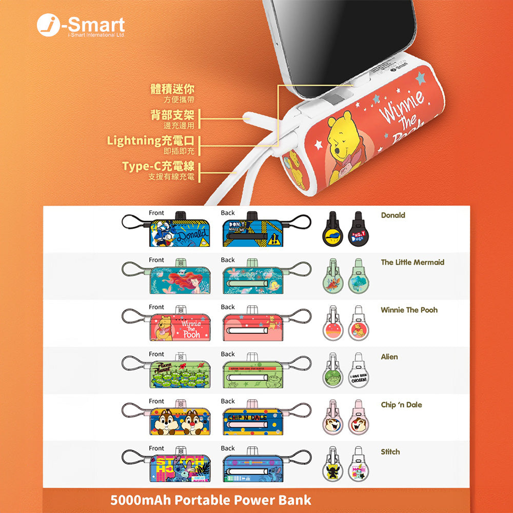 【接受預訂】i-Smart 5000mAh 迪士尼 便攜直插流動充電器