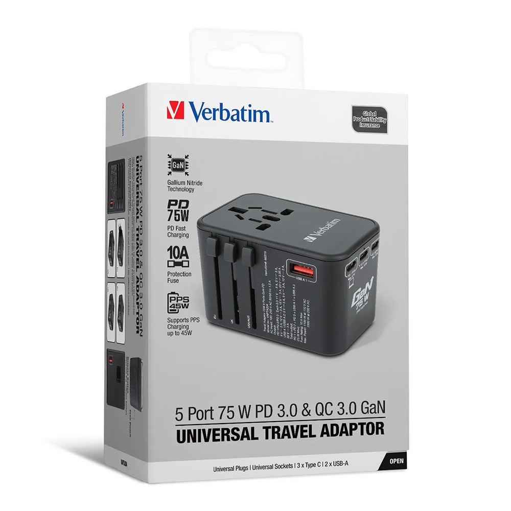 Verbatim 5 端口 75W PD 3.0 & QC 3.0 GaN 通用旅行轉插(#66919/#66920)