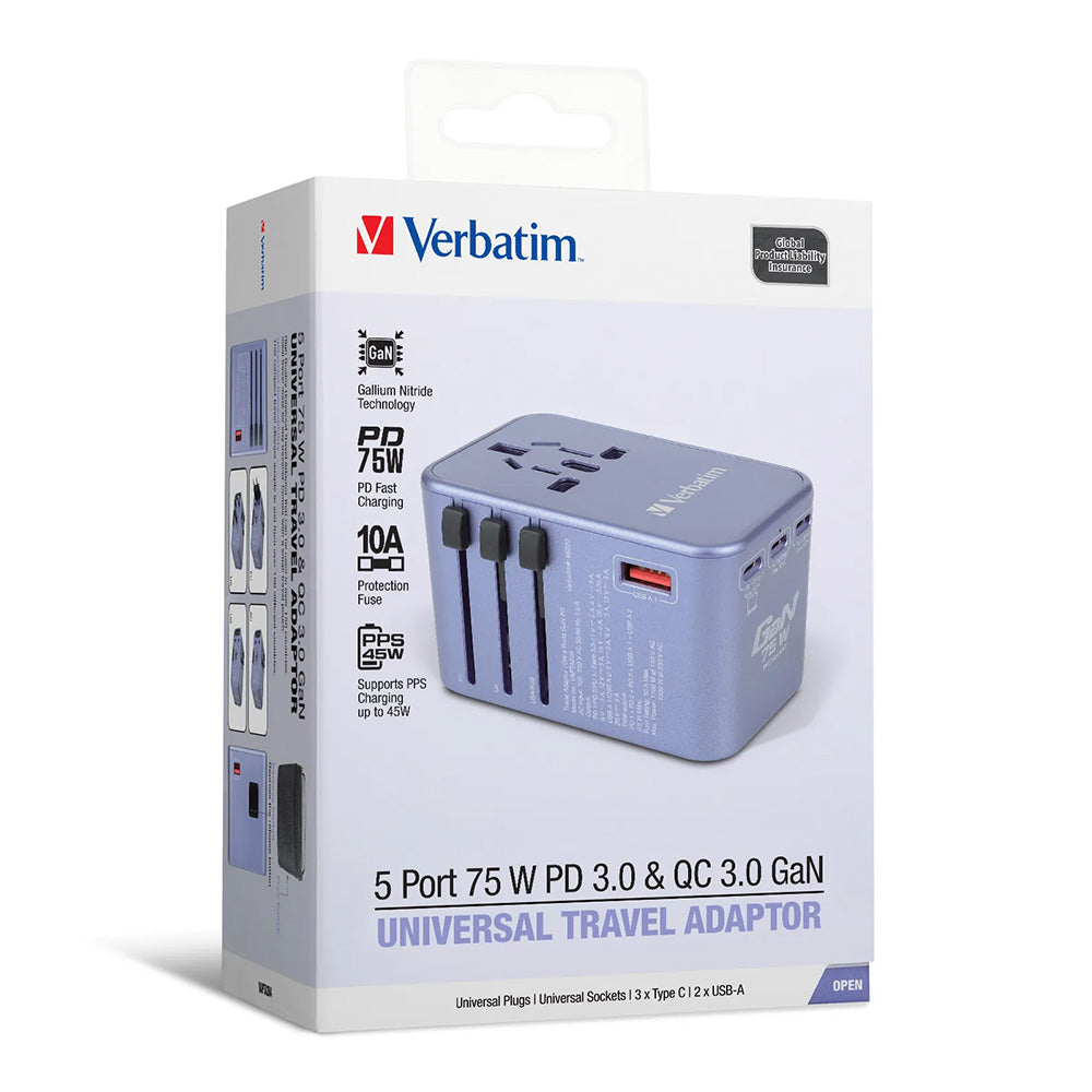 Verbatim 5 端口 75W PD 3.0 & QC 3.0 GaN 通用旅行轉插(#66919/#66920)