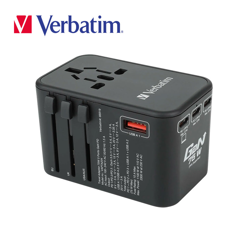 Verbatim 5 端口 75W PD 3.0 & QC 3.0 GaN 通用旅行轉插(#66919/#66920)