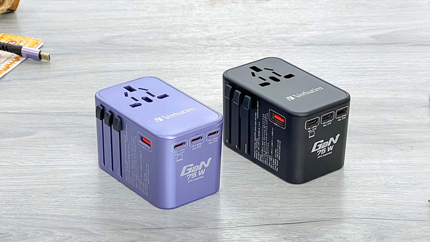 Verbatim 5 端口 75W PD 3.0 & QC 3.0 GaN 通用旅行轉插(#66919/#66920)