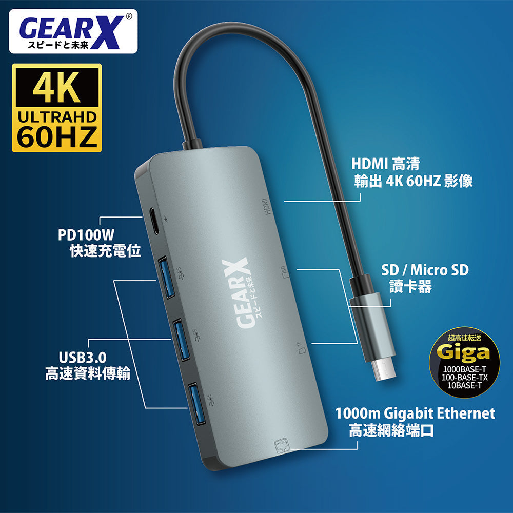 GearX Type-C 8合1 4K@60Hz 擴充器 GX-USBC-8100